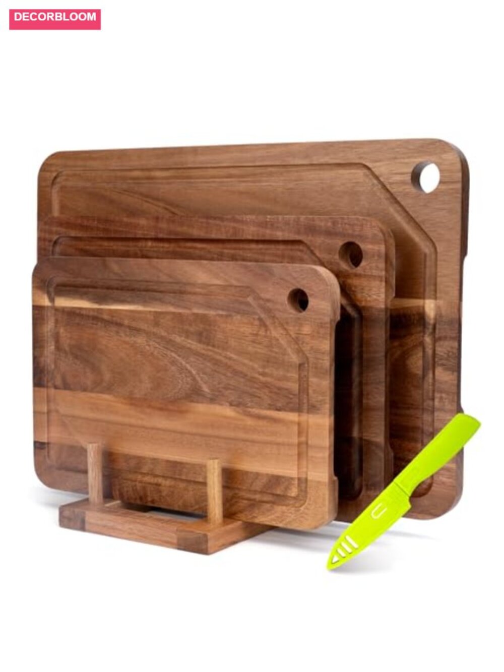 Acacia Wood Cutting Board Set 3-Piece with Stand & Juice Groove